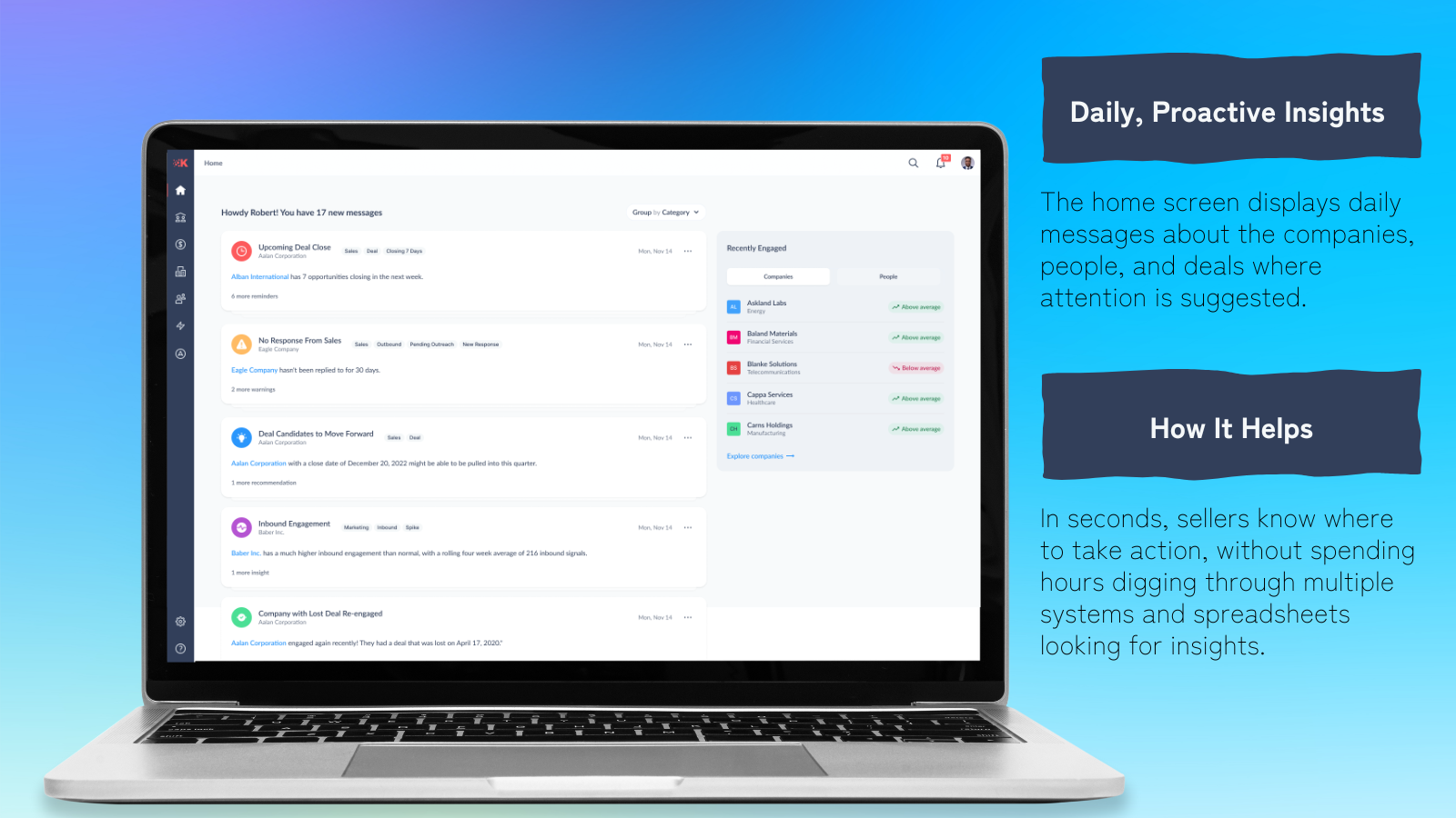 The Klearly home screen with messages for sales teams.